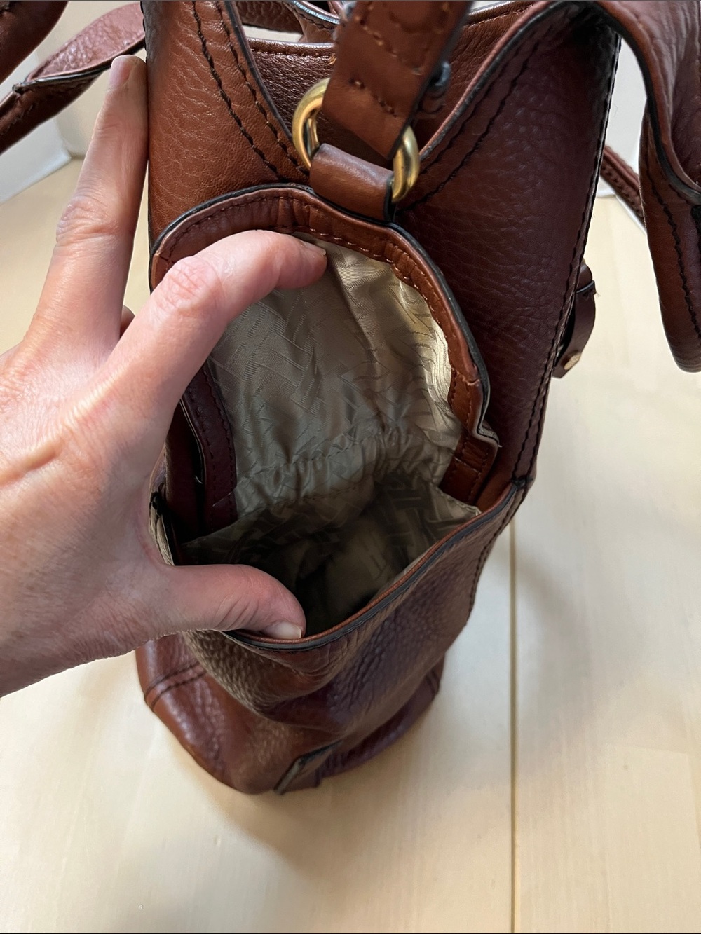 Cole Haan Tobacco Brown Pebbled Leather Shoulder Bag Purse Tote Gold Tone Trim - Picture 7 of 16